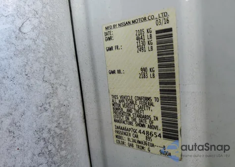 2016 Nissan Maxima 3.5S from USA, damaged, VIN 1N4AA6AP7GC448654